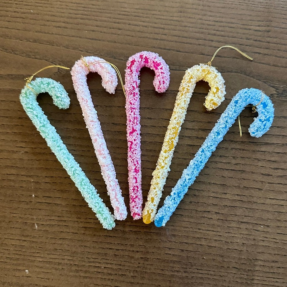 Vintage Sugared Pastel Candy Cane Ornaments Set of 5 Christmas Decor 5 Inch